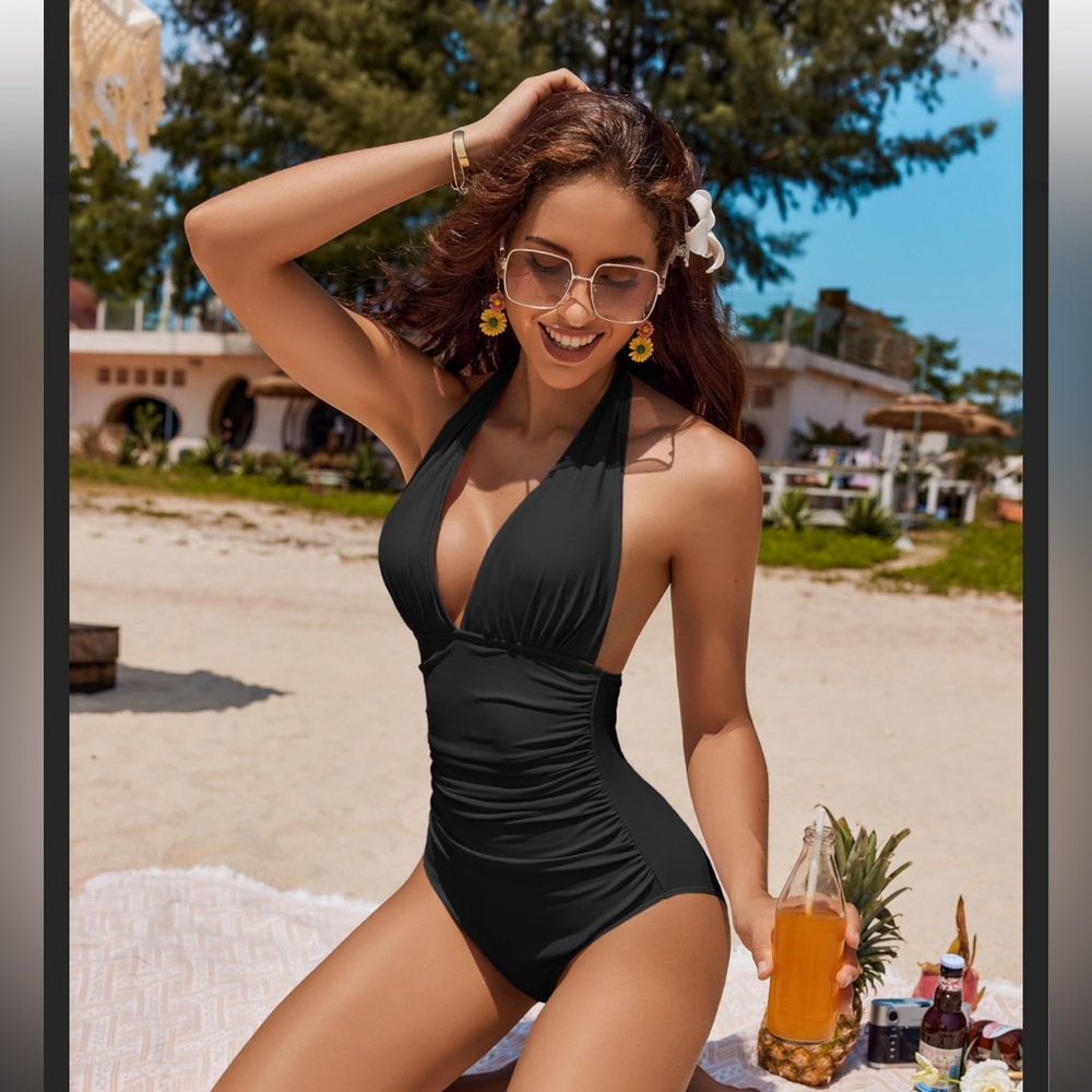 AI'MAGE Womens Halter One Piece Swimsuits Deep V Neck Tummy Control Black XL NWT - Picture 5 of 16